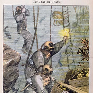 Divers finding treasure plundered by pirates from churches, 1897 (colour litho)