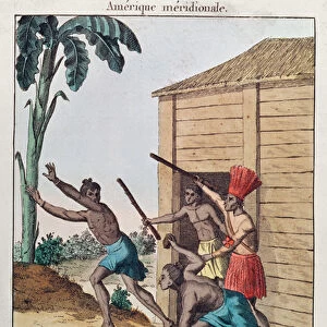 A doctor running from Peruvian indians, 1811 (coloured engraving)