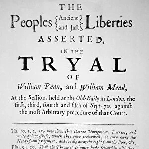 Document describing the trial of William Penn in London for preaching the Quaker religion