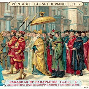 The Doge of Venice, protected by a parasol of gold brocade, on his way to St Marks Basilica (chromolitho)