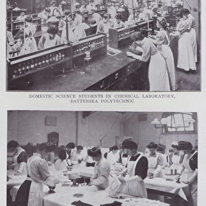 Domestic Science Students in Chemical Laboratory, Battersea Polytechnic, Students Ironing Room, National Training School of Cookery, London (b / w photo)