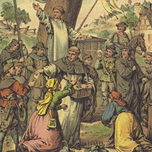 Dominican Friar Johann Tetzel handing out indulgences for money (Luther preached against him) (chromolitho)