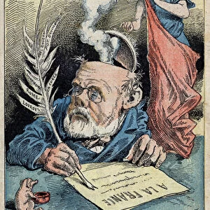 Dreyfus case, 1898: Zola and his muse. Cartoon of the French writer Emile Zola (1840-1902) rediting "Lettre a la France"where he defends Alfred Dreyfus. Illustration in "Le Pelerin"of January 16, 1898