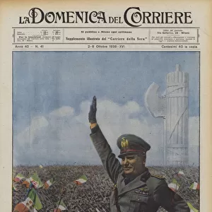 The Duce who saved the world from war returns to his people (colour litho)