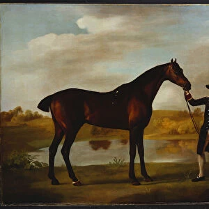 The Duke of Marlboroughs (?) Bay Hunter, with a Groom in Livery in a Lake Landscape