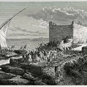 With the dung of travelers entering the harbour of Moguedouchou (Mogadishu)