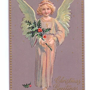 Edwardian Christmas postcard of an angel holding a sprig of holly, c. 1910 (colour litho)