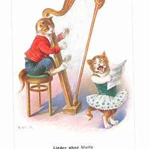Edwardian postcard of two cats in human clothes, one playing a harp and one singing, c