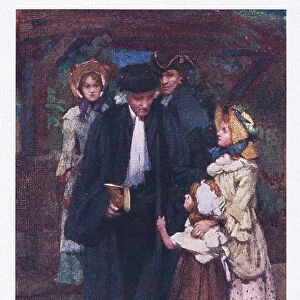 E'en children followed with endearing wile, and plucked his gown, to share the good man's smile (colour litho)