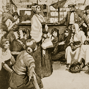Elizabeth Fry speaking to the prisoners on a convict ship (litho)