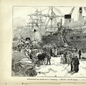 Embarkation of the pilgrims on the "Guadeloupe", in Marseilles, Quai des Anglais. Anonyme, Le Pelerin, 13/5/1882 (print)
