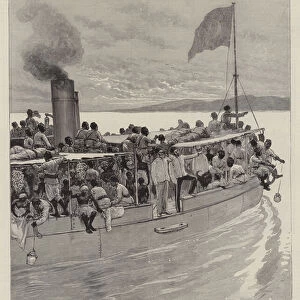 Emin Pasha and his Followers on Board the Steamer "Khedive"crossing the Albert Nyanza to join Mr Stanley (engraving)
