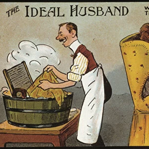 English cartoon (ideal husband): the ideal husband (who does all the laundry) - postcard