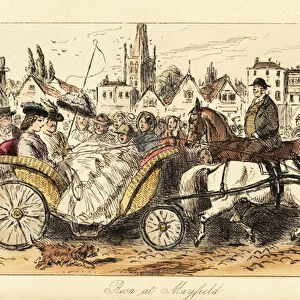 English lady in crinoline dress with parasol driving a pony-drawn basket-carriage through the busy streets of a small town