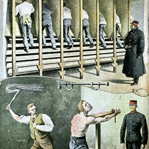 English prison life: treadmill for hard labour, and punishment with the cat-o-nine-tails, 1907 (print)