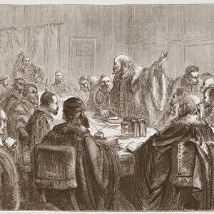 Episcopius addressing the members of the Synod of Dort, illustration from