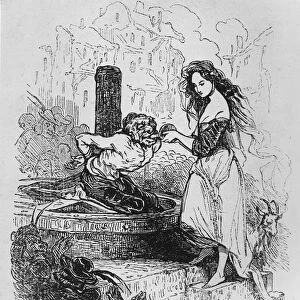 Esmeralda giving Quasimodo a drink, illustration from The Hunchback of Notre