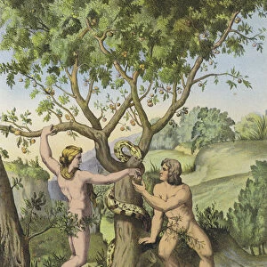Eve presenting the apple from the Tree of the Knowledge of Good and Evil to Adam (colour litho)