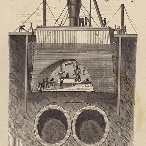 Excavation of a railway tunnel under the Hudson River between New Jersey and Manhattan, New York, USA (engraving)
