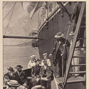 Exiled, General Cronje embarking on the SS "Milwaukee"for St Helena (litho)