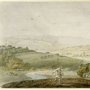 A Farmer Sowing, with a River Valley and Rolling Hills Beyond, c. 1795 (w / c)