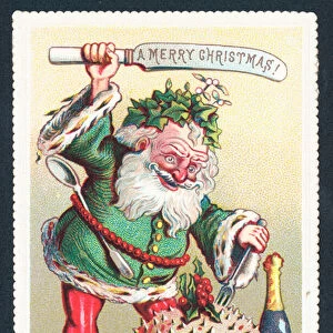 Father Christmas cutting into Plum Pudding, Christmas Card (chromolitho)