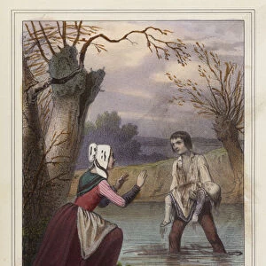 A father saving his child from drowning in a river (colour litho)