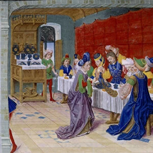 Feast meal scene, a peacock is served on the table. Miniature taken from "
