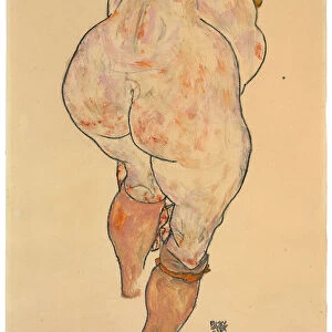 Female nude pulling up stockings, rear view, 1918 (crayon & pencil on paper)