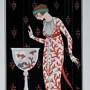 Feminine fashion: silk brochee interior dress open on a linon top. The young woman is leaning over an aquarium. Drawing by George Barbier (1882-1932) 1913 Paris, Decorative Arts