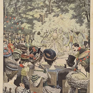 Festival of dance in honour of King Sisowath of Cambodia at the open air theatre of Pre-Catelan... (colour litho)