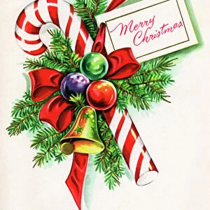 Festive Candy Cane Greetings, 1940s (lithograph)