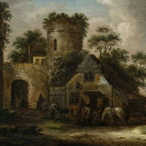 Figures Outside an Inn by the Town Walls in Summertime, 1635-76 (oil on panel)