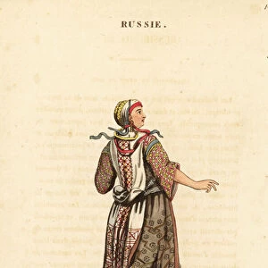 Finnish woman in her summer festival dress, 18th century. 1823 (engraving)