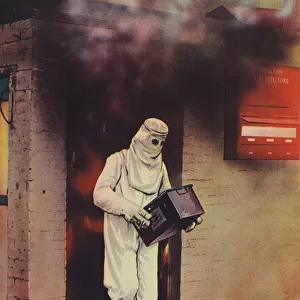 Fireman testing an asbestos flameproof suit (colour litho)