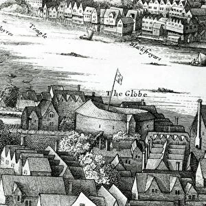 The First Globe Theatre or Rose Theatre (engraving) (b / w photo)