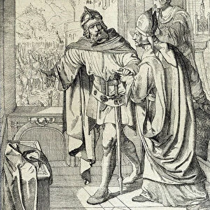 The first members of the Habsburg Dynasty Radbot and the Eveque Werner at the time of the construction of the Habsburg keep in Aargau, Switzerland, 11th century (Foundation of the castle of Habsburg by Radbot)