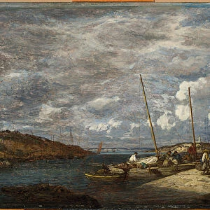 Fishing boats at the dock, Douarnenez, 1855 (oil on cradled panel)