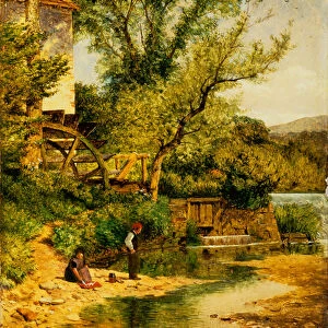 Fishing by the Mill (oil on canvas)