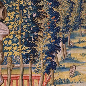 Flemish tapestry. Series Vertumnus and Pomona: Vertumnus transformed into a farmer (Vertumnus als landbouwer, Vertumno transformado en agricultor). Atelier Willem de Pannemaker. Ca 1545-1550. Detail