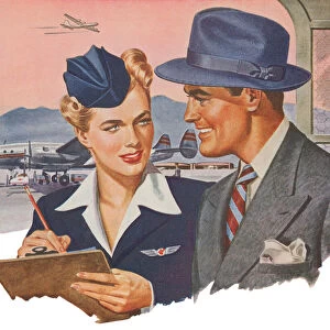 Flight Attendant Checking a Businessman in For a Flight, 1949 (screen print)