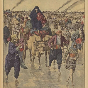 The flight of Turkish peasant refugees towards Constantinople during the First Balkan War (colour litho)