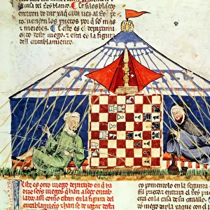 Fol. 62v Two arabs playing chess in a tent, from the Book of Games, Chess