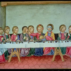 Fol. 99v During the Last Supper Christ announces that one of the apostles will betray Him (vellum)