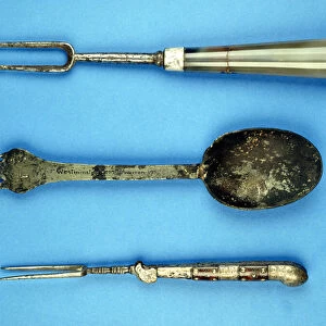 Two forks and a spoon, 17th century (base metal & agate)