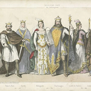Frankish kings and queens of the Carolingian dynasty (coloured engraving)