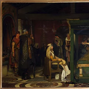 Fredegonde (vers 545-597), reine de Neustrie, visite l eveque Pretextat de Rouen (mort en 586) sur son lit de mort (Fredegund visits Bishop Praetextatus on his deathbed) - Peinture de Sir Lawrence Alma-Tadema (Alma Tadema) (1836-1912)