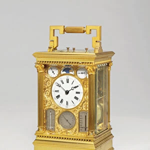 French brass grande sonnerie eight day carriage clock with full calendar, moonphase