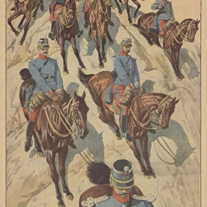 French cavalrymen descending a cliff on horseback (colour litho)