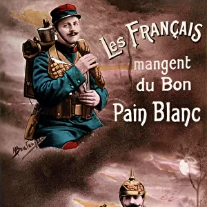 French are eating some white bread instead of German who are eating KK is a propaganda poster diffused during the first world war for the civilian population, between 1914 and 1918